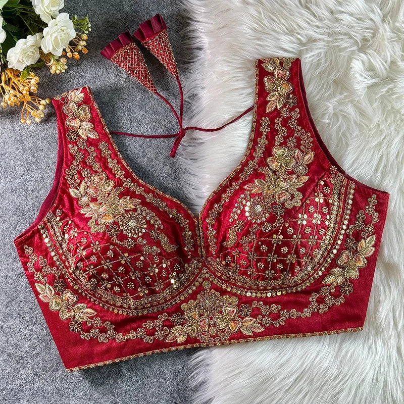 Royal Red Velvet Diamond Handwork Bridal Blouse