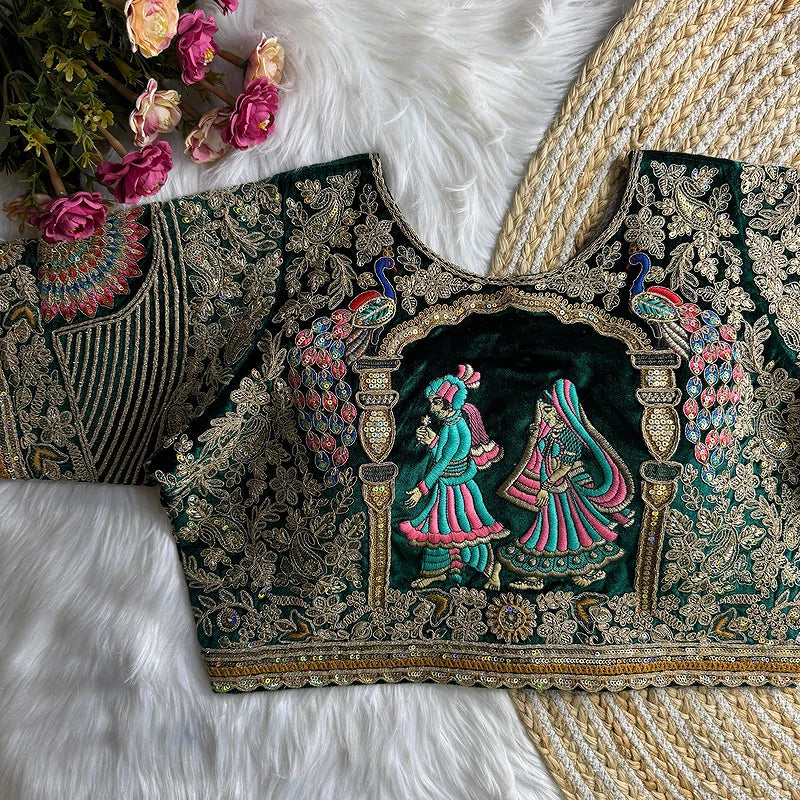 Royal Green Velvet Embroidery and Diamond Handwork Bridal Blouse