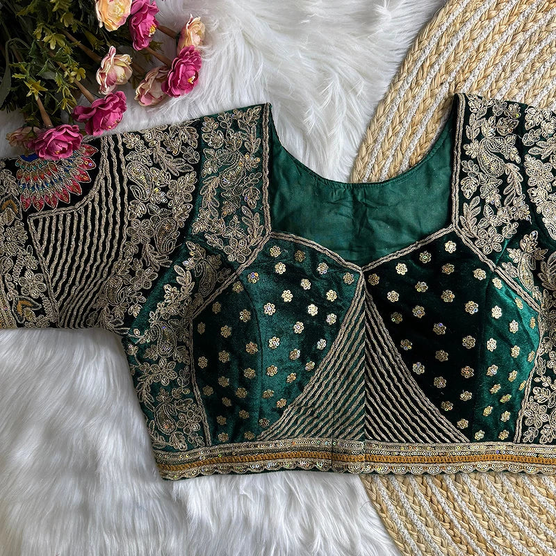Royal Green Velvet Embroidery and Diamond Handwork Bridal Blouse