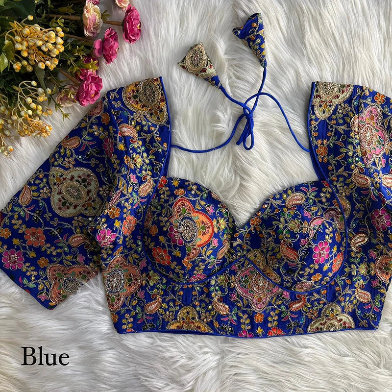 Royal Blue Kolkatta Style Position Print WIth Codding Work Partywear Blouse