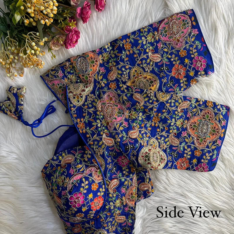 Royal Blue Kolkatta Style Position Print WIth Codding Work Partywear Blouse